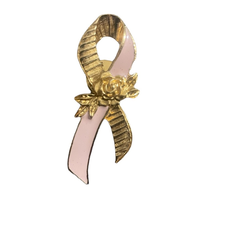 Vintage Avon Gold Tone‎ Pink Ribbon Breast Cancer Awareness Brooch